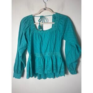 Mahila Teal Eyelet Peasant Top Sz M